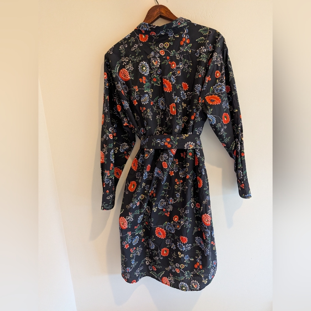 Fragonard Cotton Floral Self Belted Shirt Dress Free Size Navy Red - Picture 2 of 10
